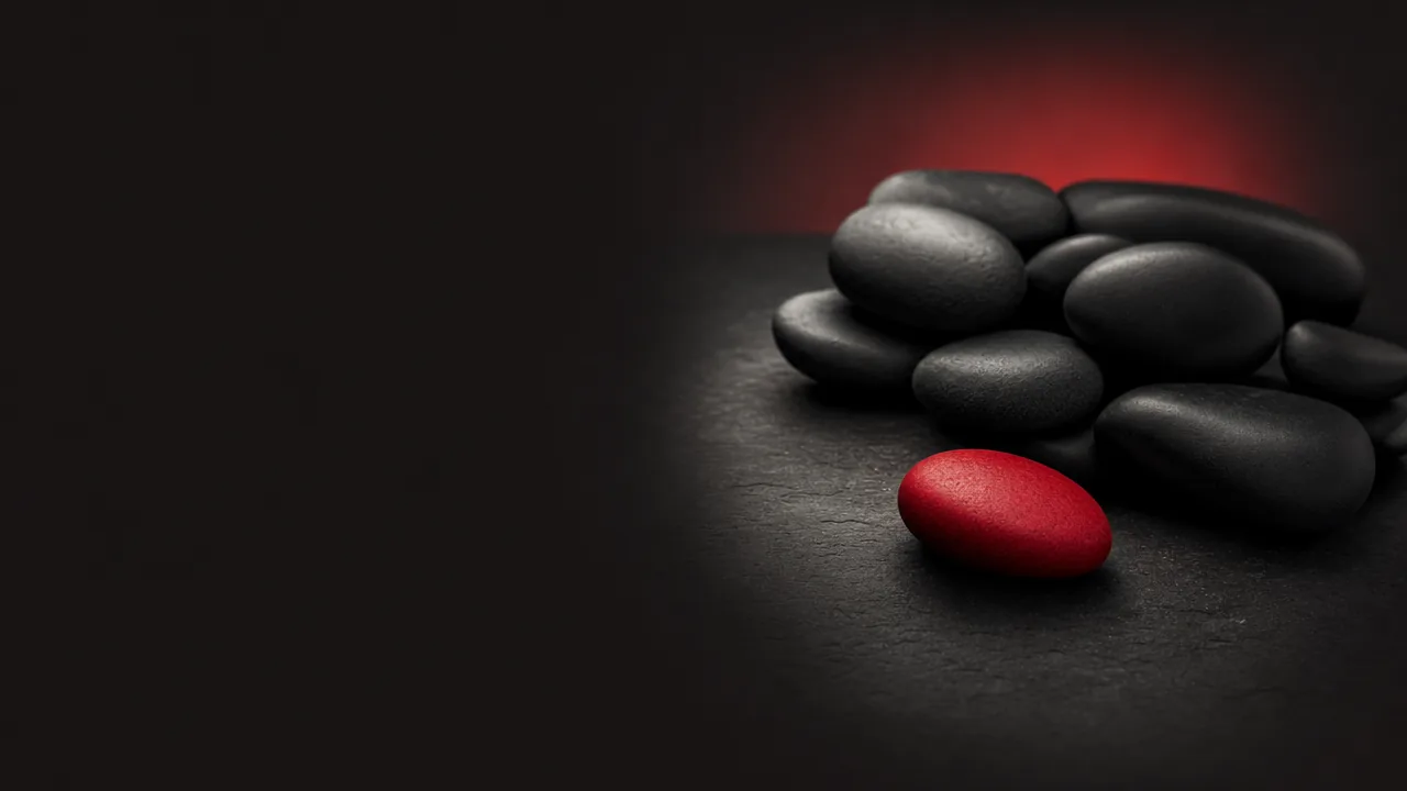 A cluster of smooth black pebbles on dark slate, with one red pebble set apart in front