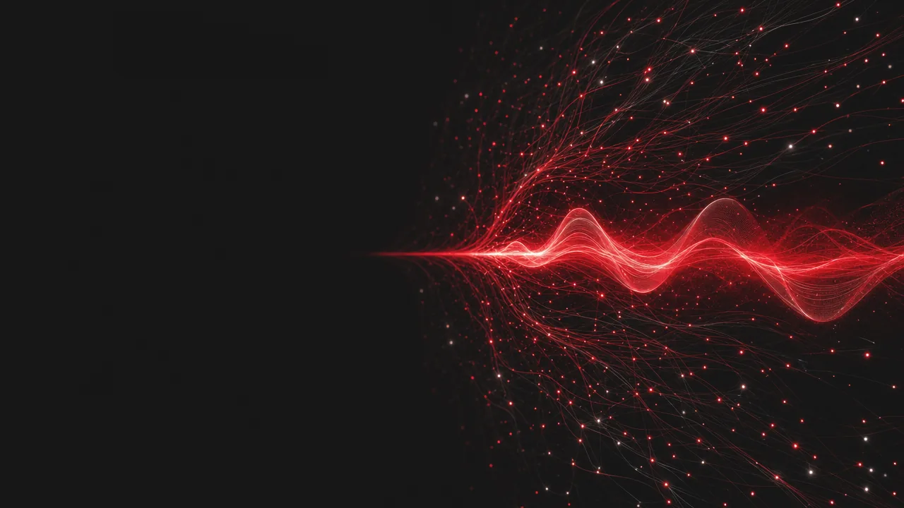 A voice waveform of red light forming out of a cloud of glowing particles