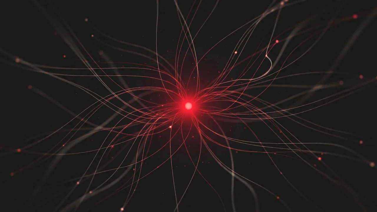 Fine threads of light converging on one glowing red point