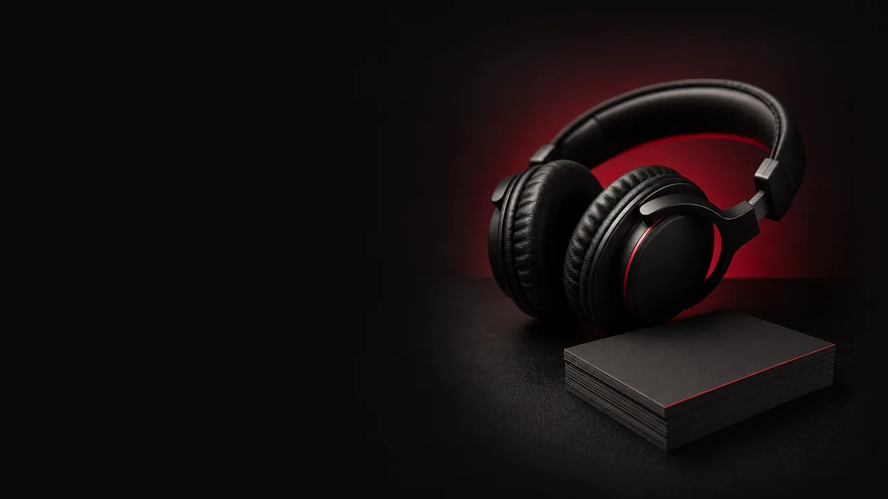Studio headphones on a dark desk beside a stack of black cards with a red edge