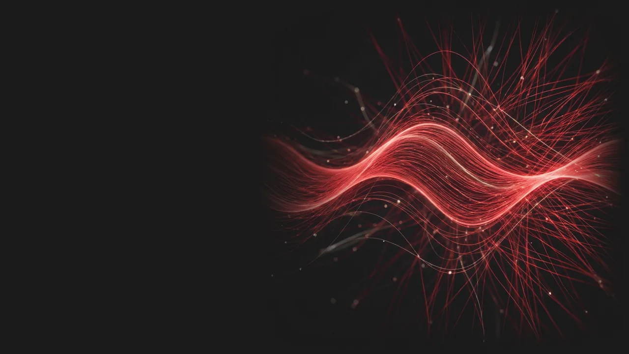 A smooth wave of red light woven from fine glowing filaments
