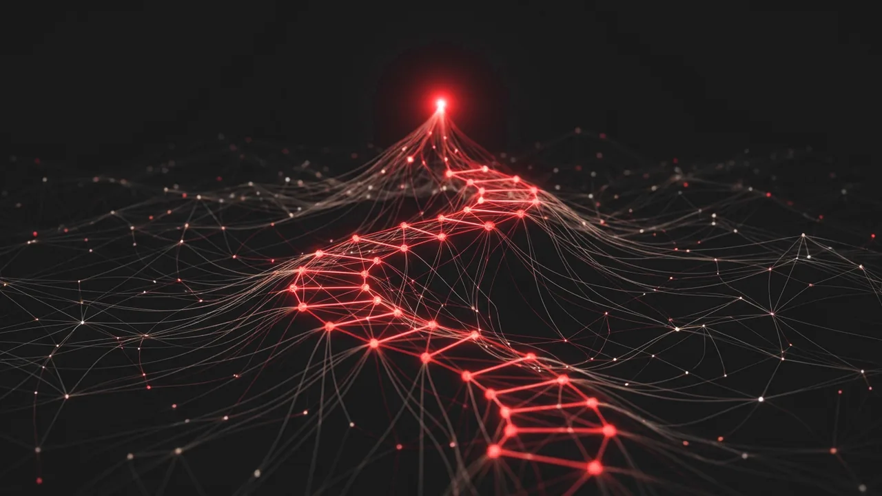 A path of glowing red nodes rising through a dark network to one bright point