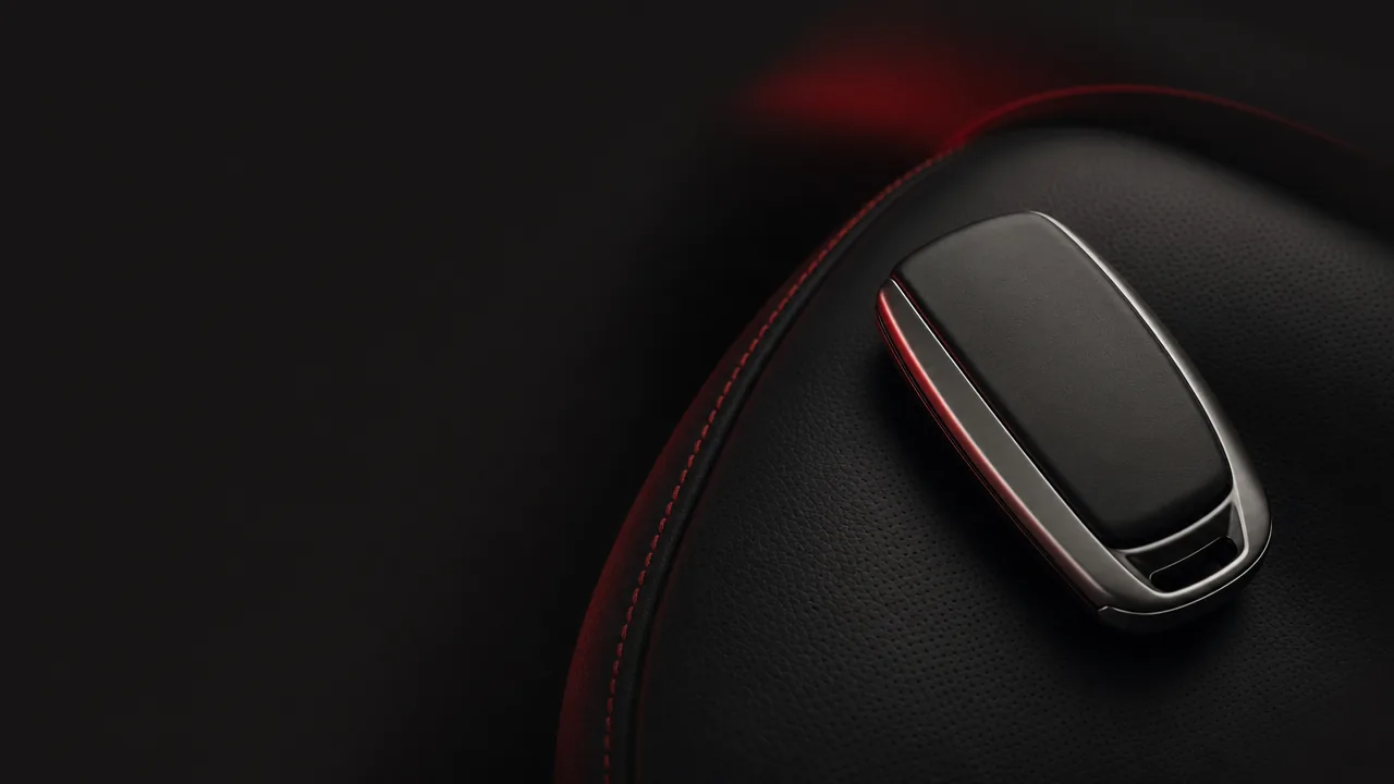 A car key fob resting on dark leather with red stitching