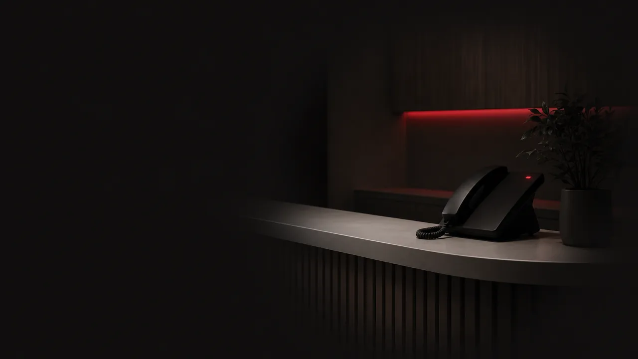 An empty clinic reception counter at night, with a desk phone and a red light
