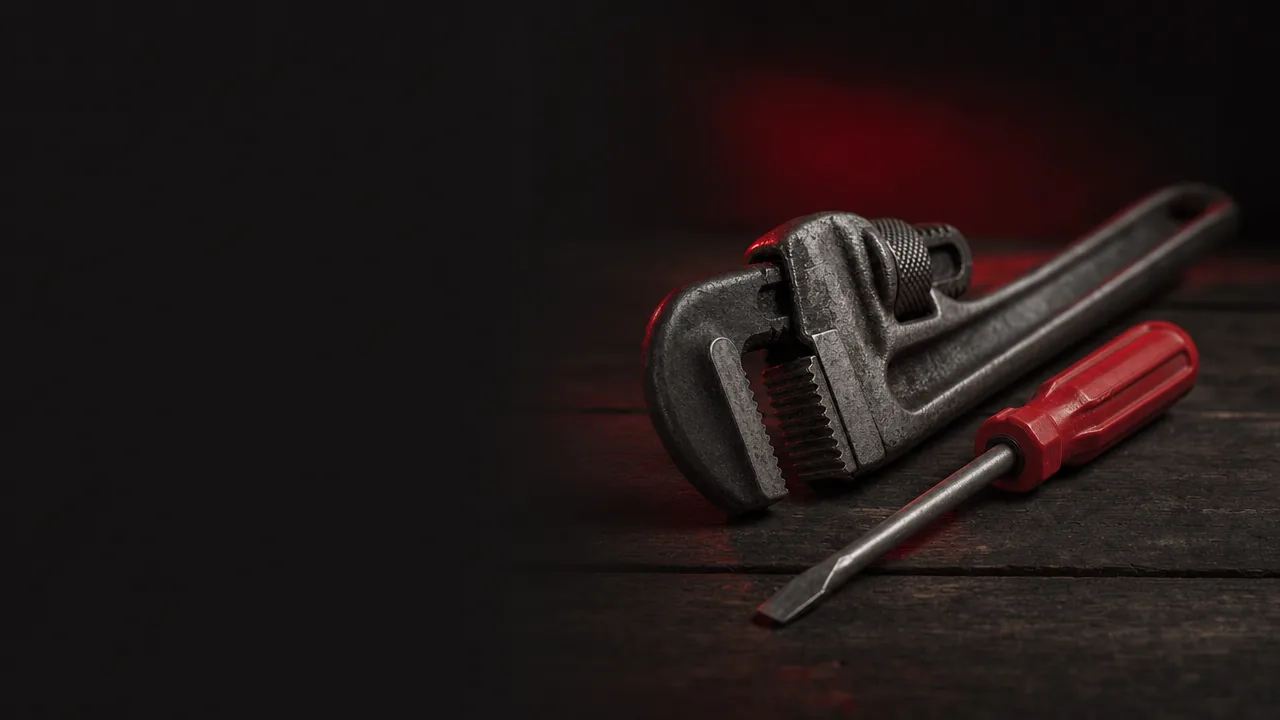 A pipe wrench and a red-handled screwdriver on a dark wooden workbench