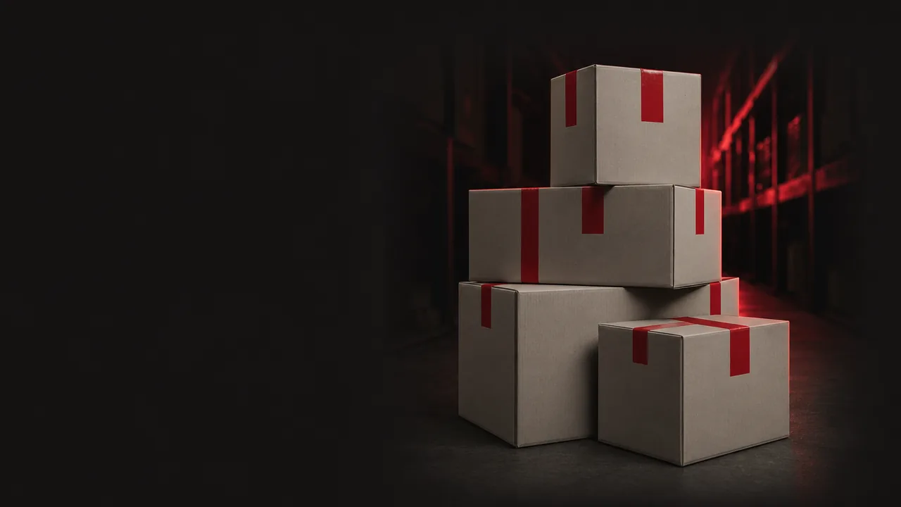 A stack of plain cardboard boxes sealed with red tape in a dark warehouse aisle