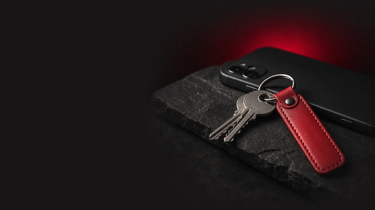 House keys with a red leather tag beside a smartphone on dark stone