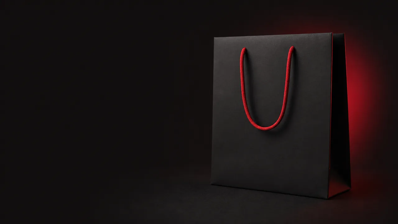 A plain black shopping bag with red rope handles on a dark surface